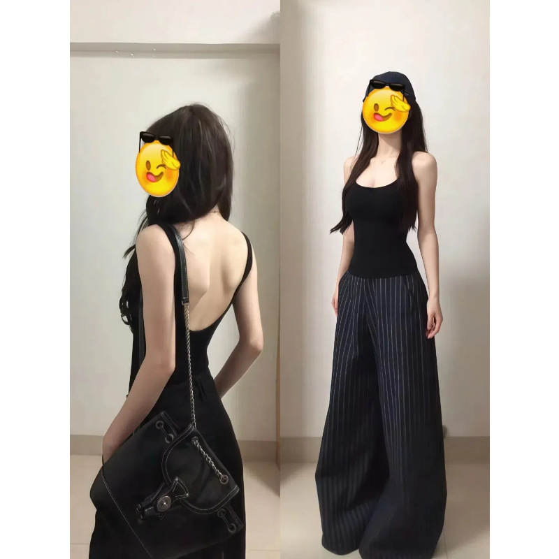 女性の夏のアウターウェア用の胸パッド付きバックレスサスペンダーベスト、黒の美しいバックインナーノースリーブトップ、2025年の新しいデザイン|undefined