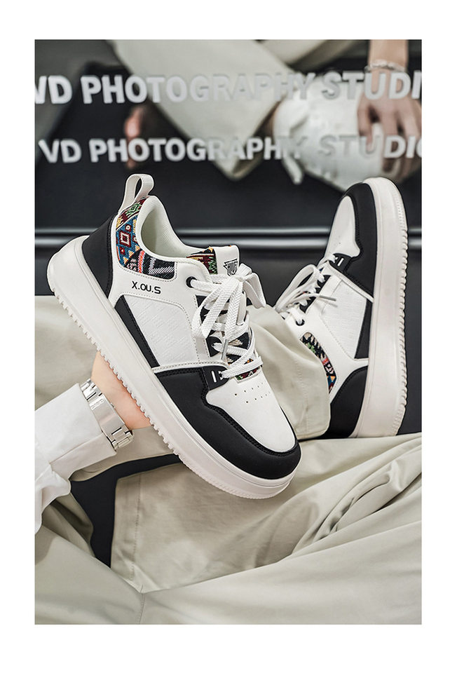 Giày sneaker cổ thấp mũi tròn rộng, đế dày tăng chiều cao, mặt da chống nước, dây buộc — Bạch tửu đỏ 8811, Trắng kaki 8811, Trắng đen 8811 chi tiết 11