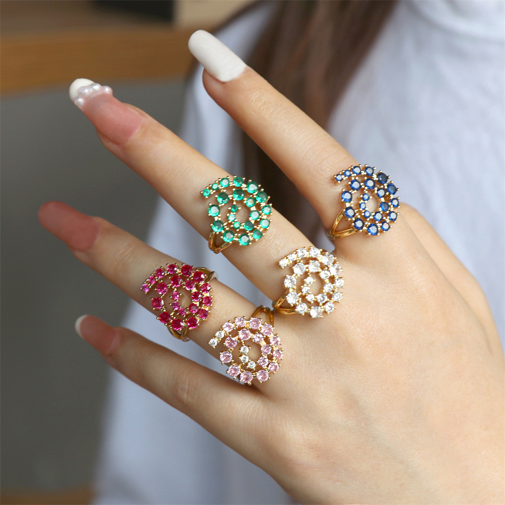 Fashion Retro Multi-color Zircon Inlaid Opening Adjustable Copper Plating Gold Ring Wholesale display picture 7