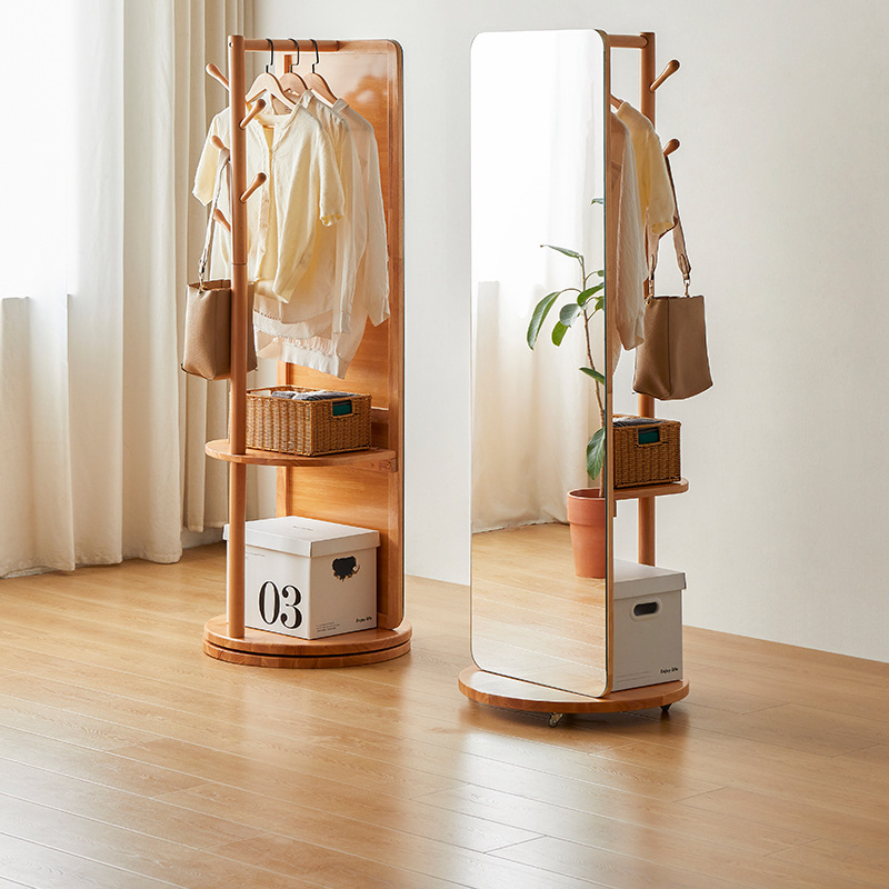 Wholesale Rotating Solid Wood Full-Length Mirror with Dressing Stand and Cloak Rack Integrated, Portable Mirror, Bedroom Floor-Standing Full-Length Mirror