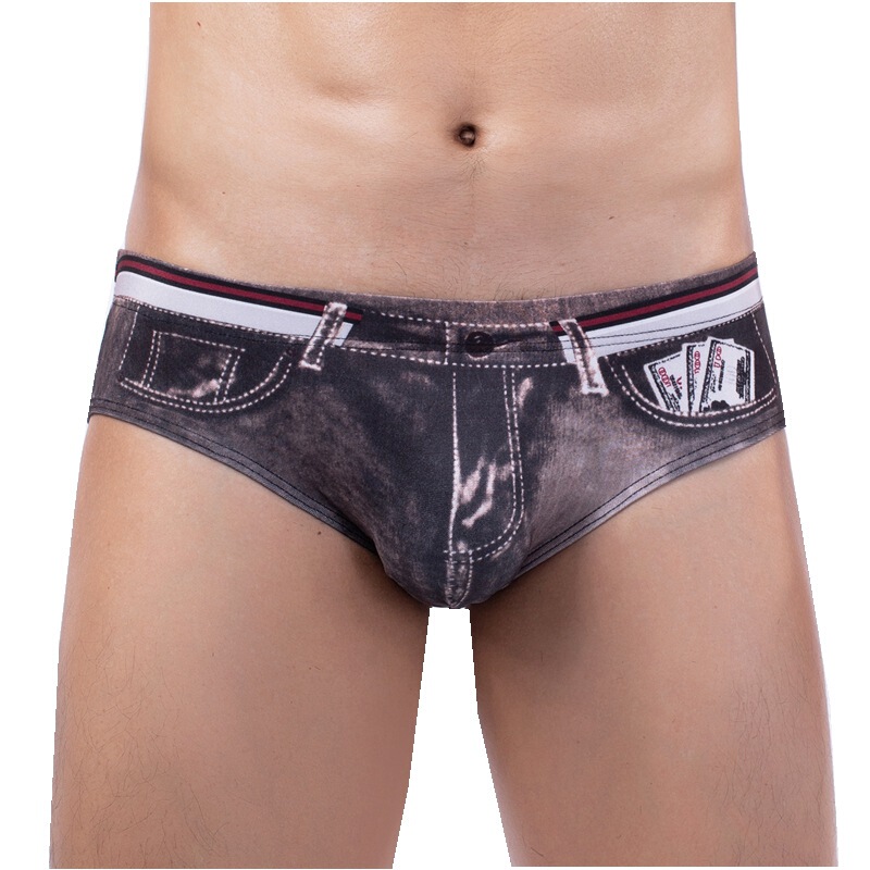 Factory Direct men's triangle printed underwear imitation denim low waist sexy swimming two-piece delivery