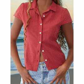 X 35355 Red plaid slim women's shirt 红色格纹修身短袖衬衫