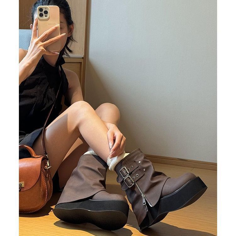 Women's Short Boots Autumn New Trendy Height-Increasing Thick-Soled Korean Style Slim Boots for Petite Women to Pair with Skirts and Pants