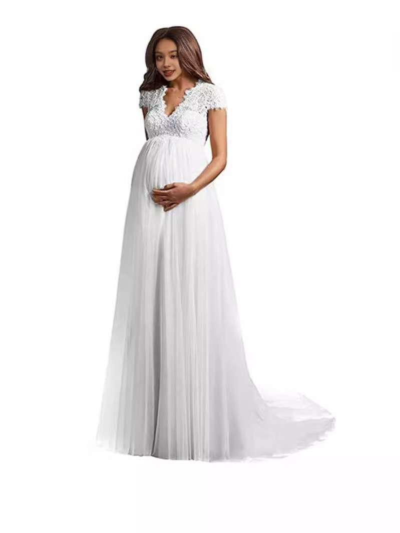 Comercio exterior vestido de novia embarazada cintura alta tamaño grande europeo y americano Laisen pequeña cola blanca Amazon vestido de novia transfronterizo