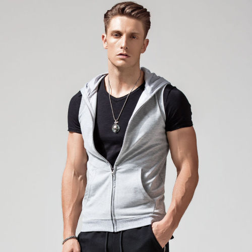 Men's sleeveless hoodie with hood, sports top, cap sleeve, vest, T-shirt, thin spring and autumn edition