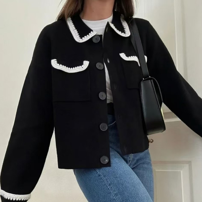 French-Style Sezane Autumn and Winter New Women's Fashion Lapel Chanel-Style Hand-Crocheted Lace Knit Cardigan Short Jacket