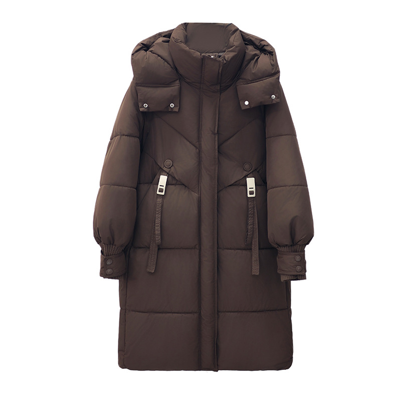 2025 nueva mujer de invierno largo y medio engrosado chaqueta de algodón de pluma caliente con capuchón grueso chaqueta de algodón de color sólido