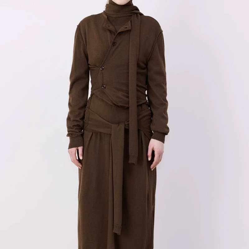 European and American Women's Hazelnut Brown Tie-Neck Pleated Cardigan Solid Color Patchwork Long-Sleeve New Wool Coat