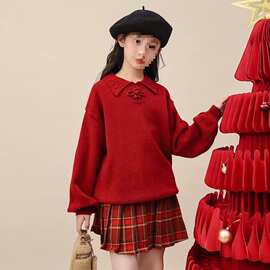 女童红色毛衣秋冬装新款儿童时尚针织衫新国风童装圣诞拜年毛线衣