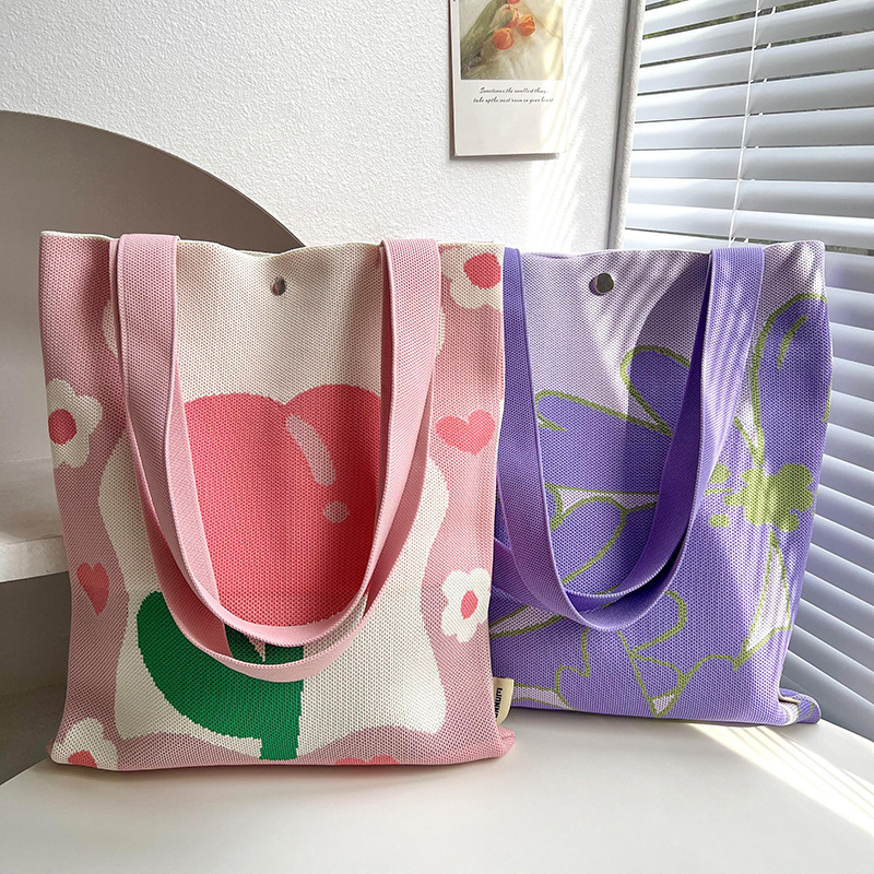 Bolsa de mano de punto de diseño simple flor frutas color contrastante bolso de mano de viaje fuera de gran capacidad bolso de hombro