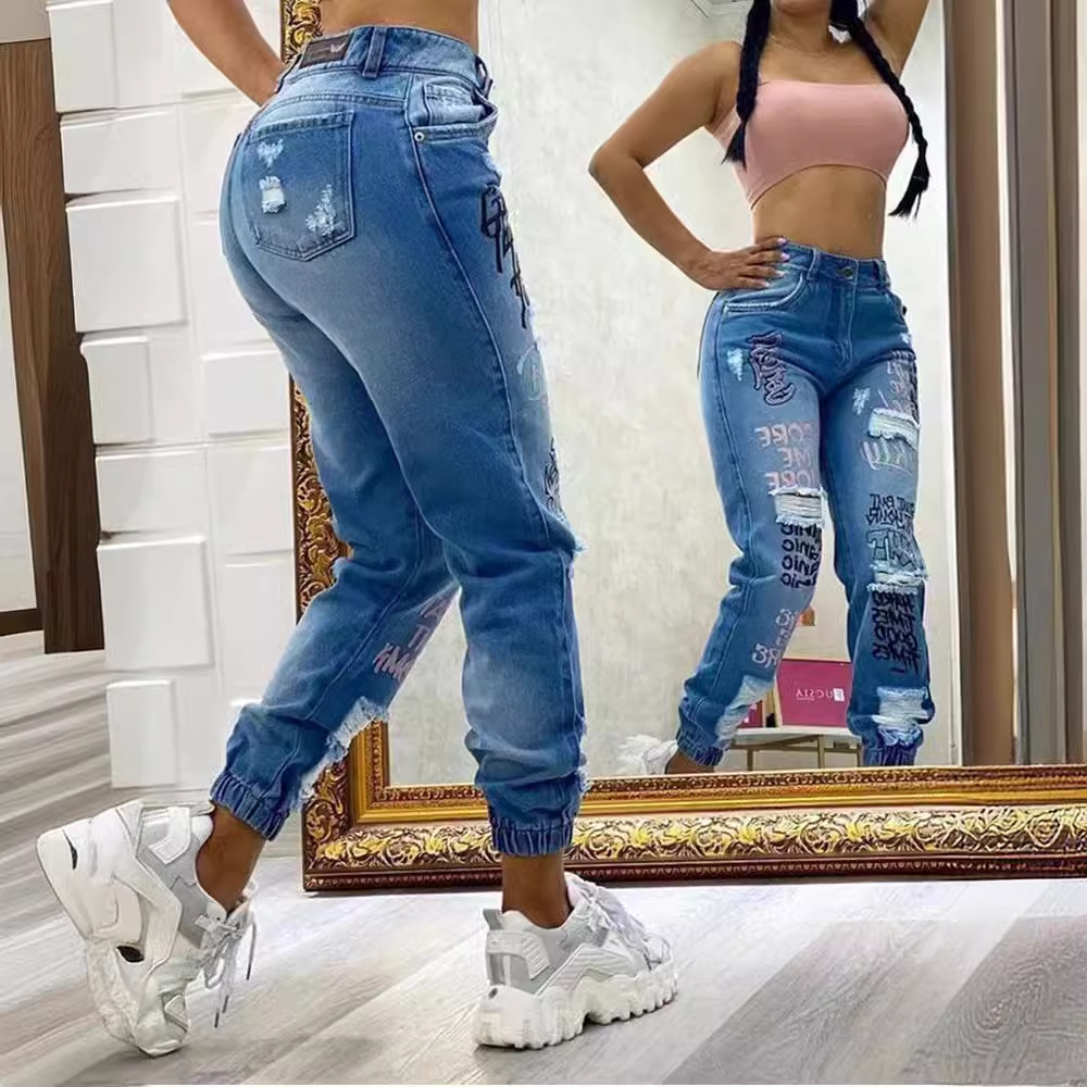 Women's Skinny Jeans Letter Print Ripped Washed Retro Relaxed Everyday Wear Comfortable Feshion_ecoleips.com