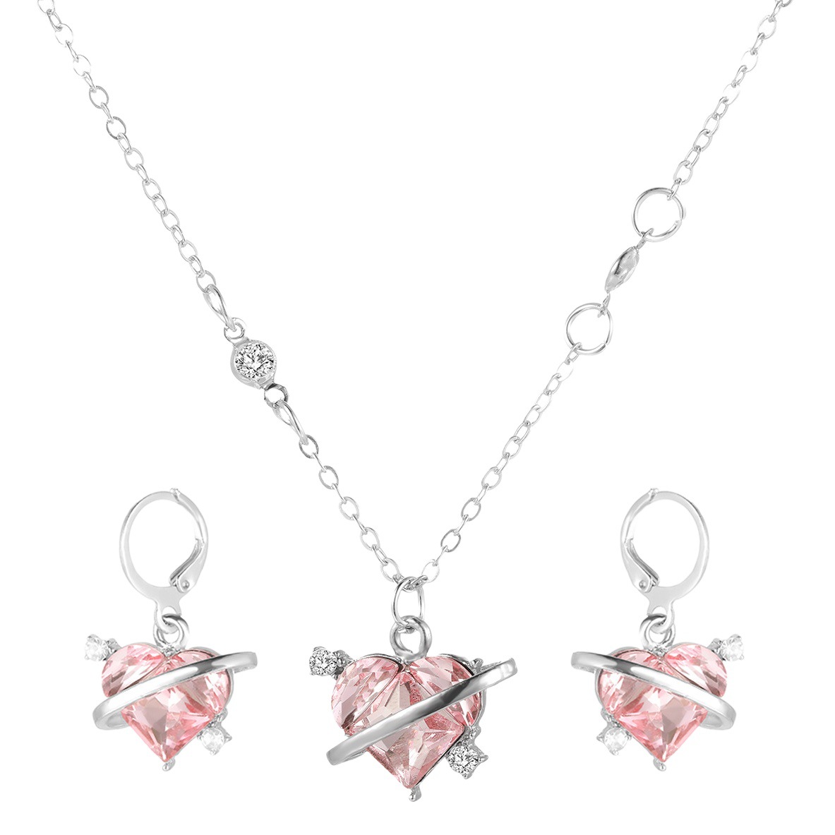 Transfronteriza Venta caliente dulce fresco estilo Rosa circón amor planeta pendientes collar traje temperamento de la personalidad femenina traje de la joyería