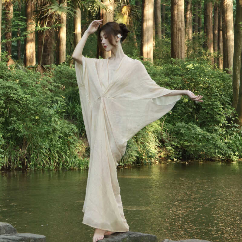 New Chinese-Style Ramie National Style Cool and Thin Back Dress Buddhist Zen Travel Vacation Long Dress Perfect for Photos