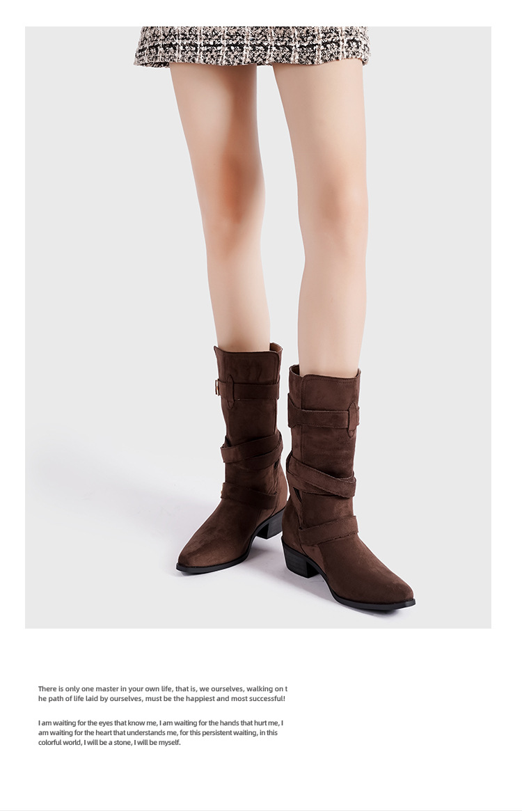 Spetsiga Knight-stövlar för kvinnor Hösten 2024 nya brittiska stövlar med spänne i västerländsk stil, mellanhöga Martens-stövlar för kvinnor_voghion.com