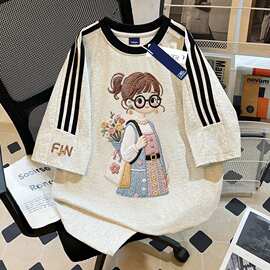 卡通3D印花女童夏季新款纯棉短袖T恤三条杠学生中大童宽松上衣潮