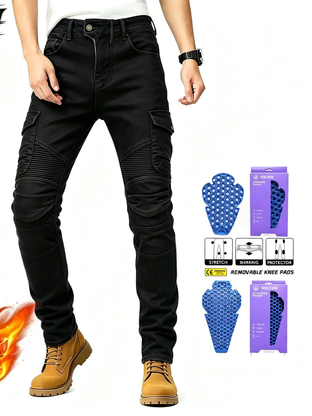 VOLERO pantalones vaqueros de la motocicleta de los hombres de invierno de lana forrada pantalones de ciclismo multi-Bolsa de la motocicleta monos de silicona alargada