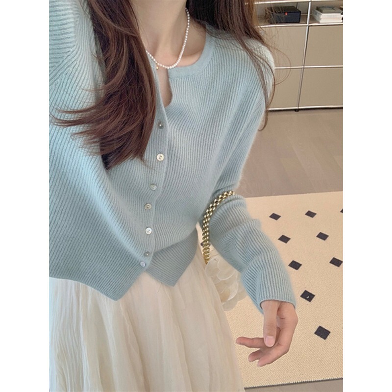 Gentle Wind Soft Waxy Knitted Autum New Loose Slimming Look Round Neck 2024 Pure Color Single-Breasted Soft Cardigan for Women