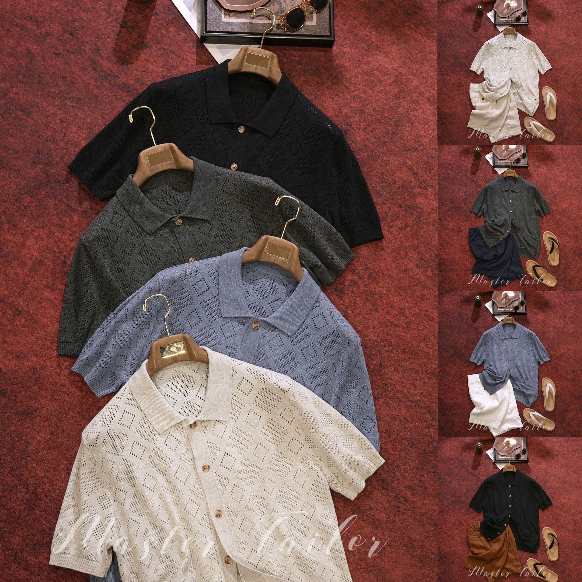 Polo camiseta de punto de manga corta camiseta de hombre cuello de diamante agujerado viejo viento de negocios de verano fábrica transfronteriza al por mayor