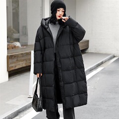复古大码连帽长款羽绒服女2025冬季宽松保暖显瘦阔版白鸭绒外套
