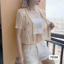 跨境新款夏季花卉短袖T恤女刺绣印花清新V领镂空薄款针织开衫上衣