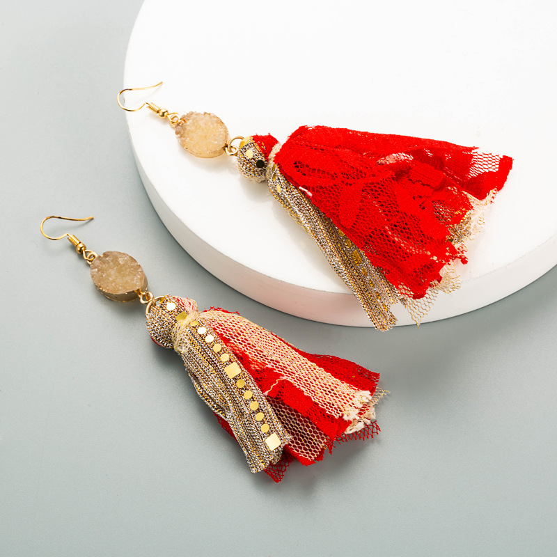 Bohemian Lace Tassel Long Cloth Earrings display picture 6