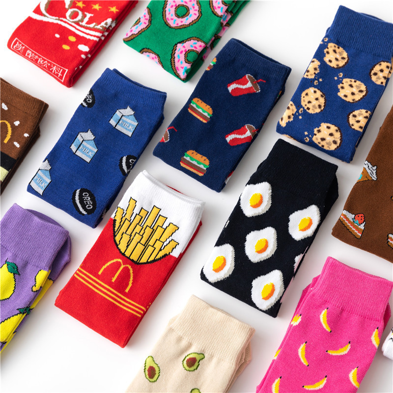 Cross-Border Socks, Avocado Fries, Eggs, Interesting Color Matching Mid-Calf Trendy Socks, European and American Export Women's Socks, Trendy Brand Fun