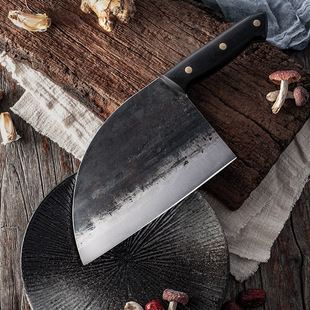 Carbon Steel Household Dual-Purpose Kitchen Knife for Chopping and Slicing, Fully Forged Handmade Knife with Round Head for Chopping Chicken, Duck, Fish, and Meat