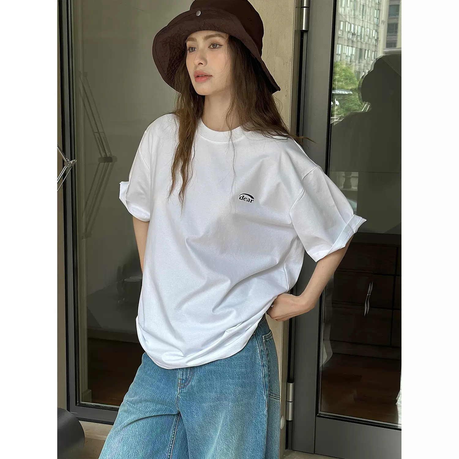 卢浮夏季新款韩版简约字母圆领短袖T恤oversize休闲上衣女潮