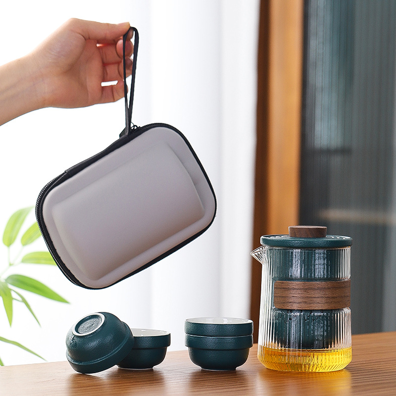 줄무늬 냄비와 컵 4개 - 진한 녹색