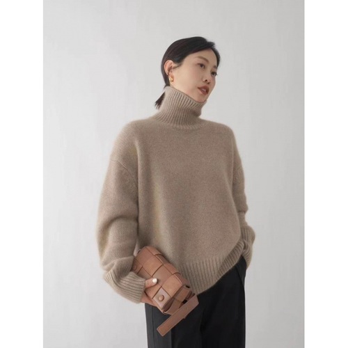 2025 Autumn/Winter Thick Solid Color Cashmere Knit Sweater Women High Neck Short Sleeve Hoodless Loose Casual Cardigan Women