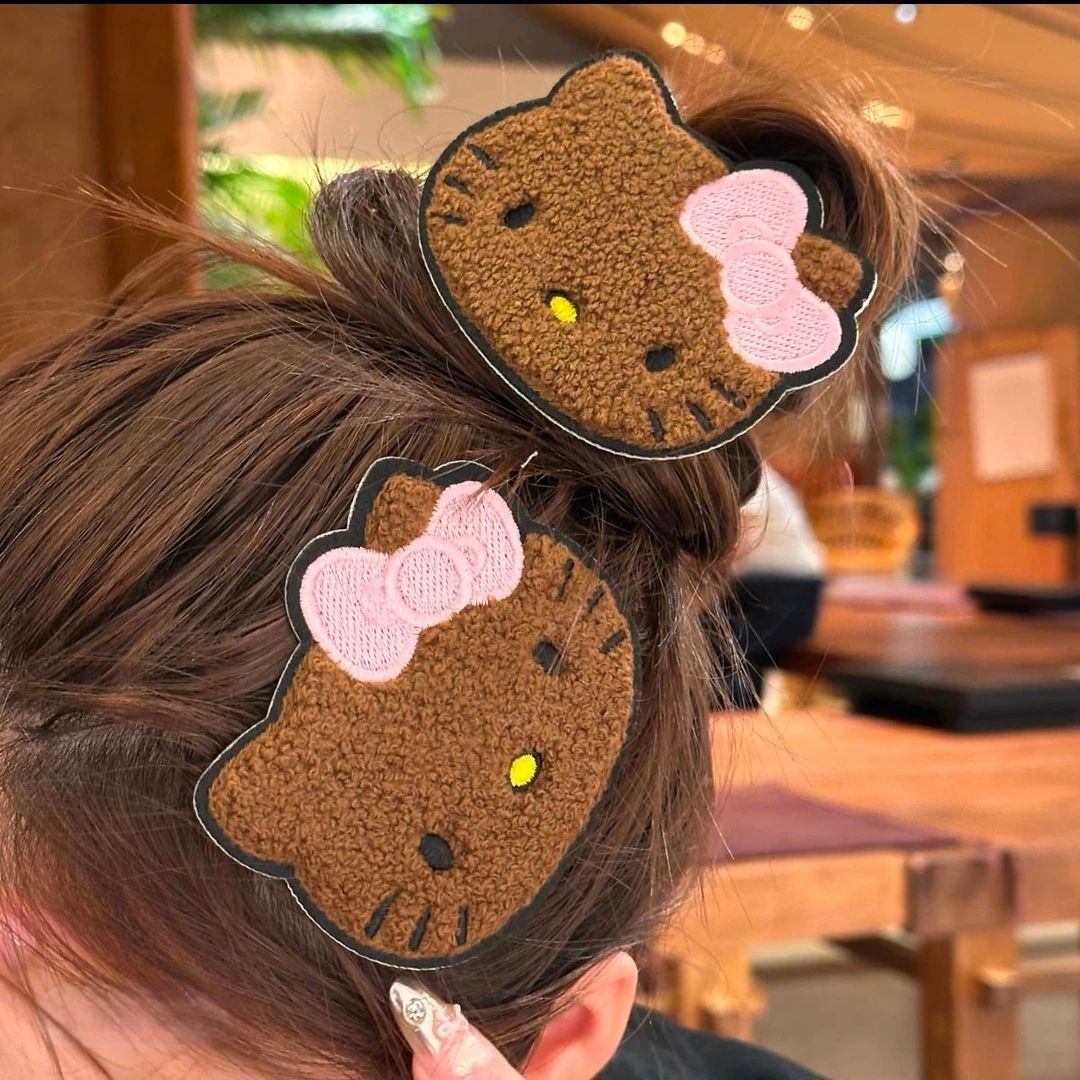 Cute Embroidered Black Leather Kt! Cat-Shaped Magic Tape Hair Clip, Seamless Bangs Clip, Hair Accessory for Tidying up Stray Hair