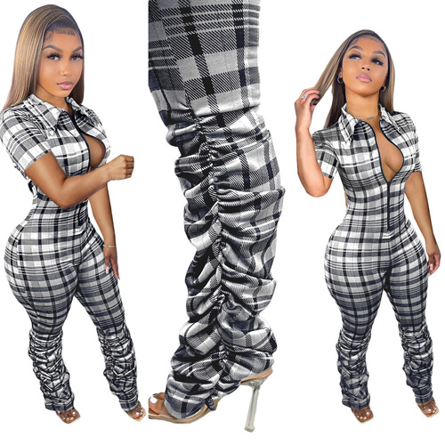 BN230 European and American women's clothing new style check print slim pleated zipper short-sleeved jumpsuit