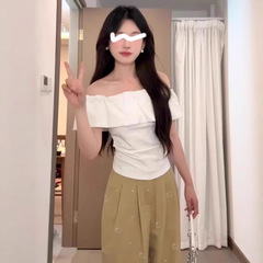 ワンショルダー半袖レディース夏新作美しい花のつぼみ襟白半袖スリムフィットオフショルダートップ純粋な欲望の着用