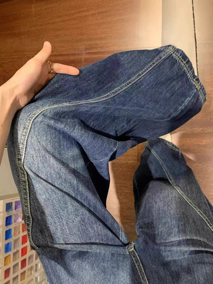 Quần jeans nữ ống cong cạp cao dáng rộng phong cách retro, quần dài có lót lông — Quần đơn màu xanh đậm