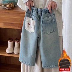 童装女童秋冬加绒加厚牛仔裤儿童一体绒直筒阔腿裤宝宝裤子中小童