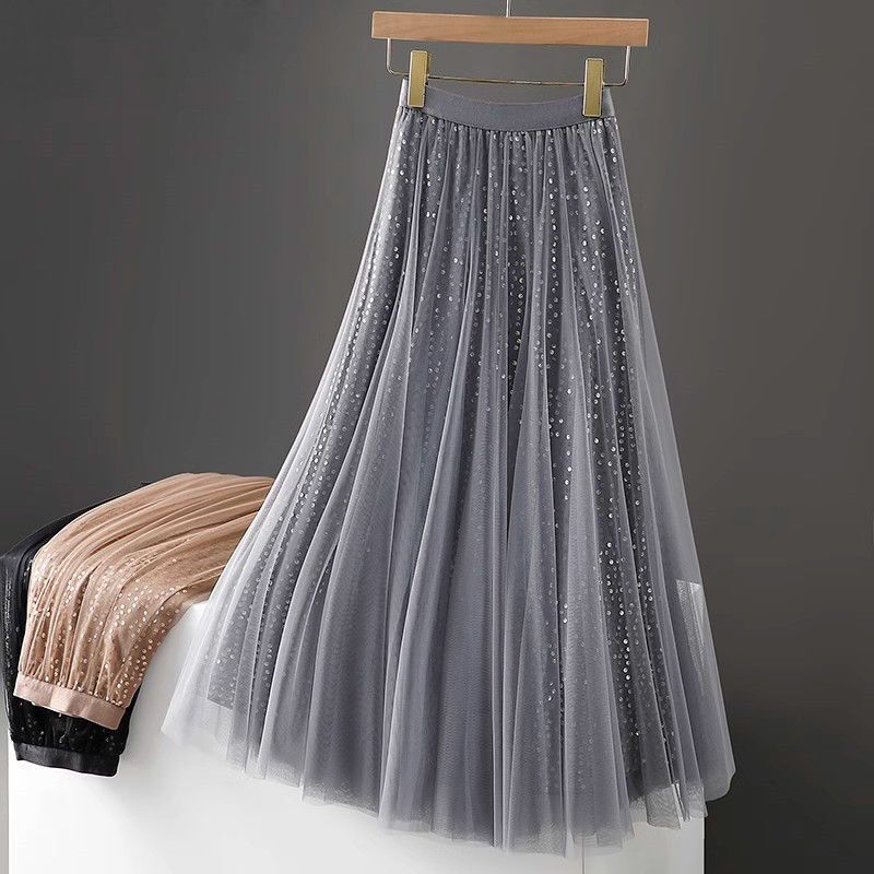 Mesh Skirt for Women 2024 Spring and Autumn Elastic Waist Sequin Pleated Mid-Length A-Line Drapey Large Hem Gauze Skirt High Waist