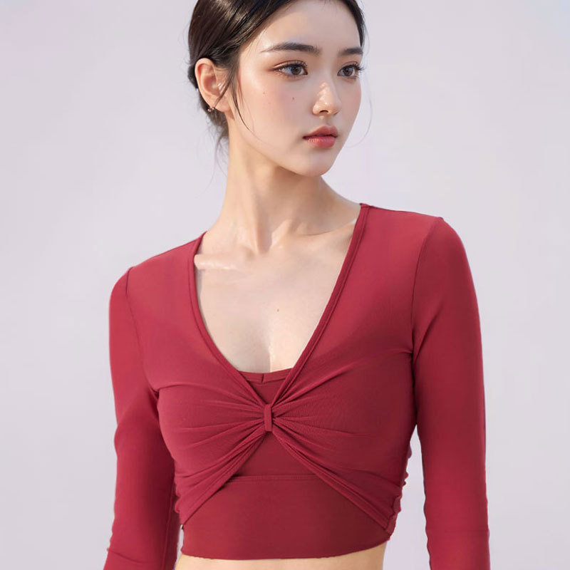 蝴蝶结网纱瑜伽服长袖罩衫修身显瘦运动背心带胸垫可外穿健身服女|undefined