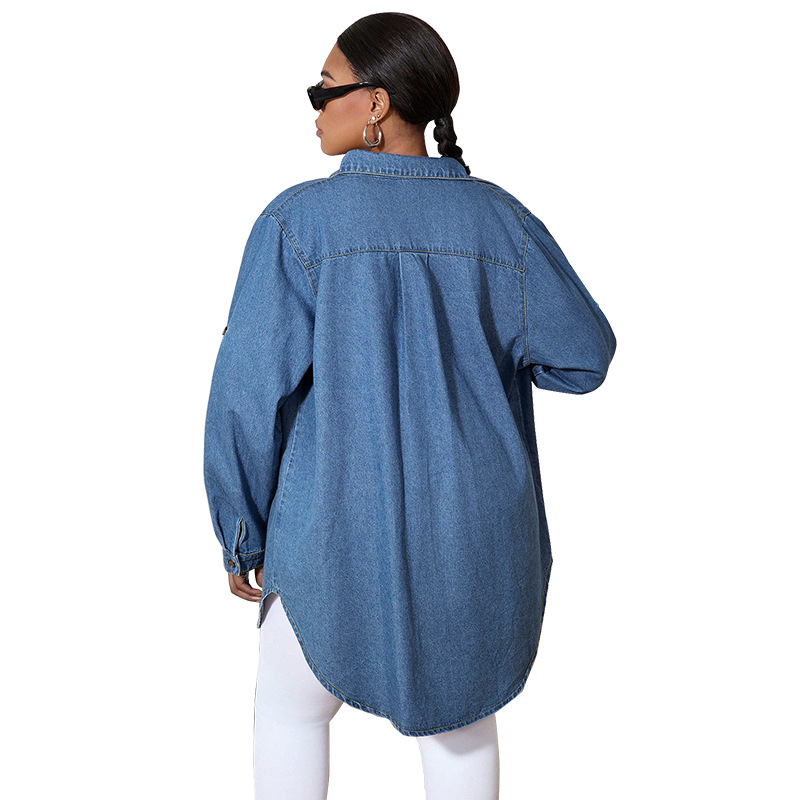 Oversized Jeanshemd Damen Langarm Denim Jacke Casual Bluse_voghion.com