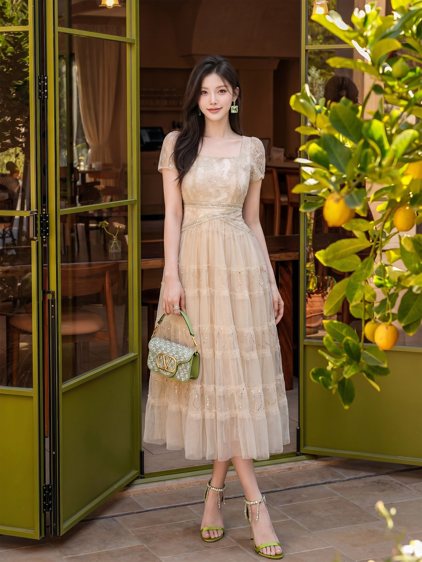 Đầm ren maxi tay ngắn cổ vuông, phối sequin lưới, xòe bồng tầng, phong cách tiên nữ mùa hè — Màu thịt