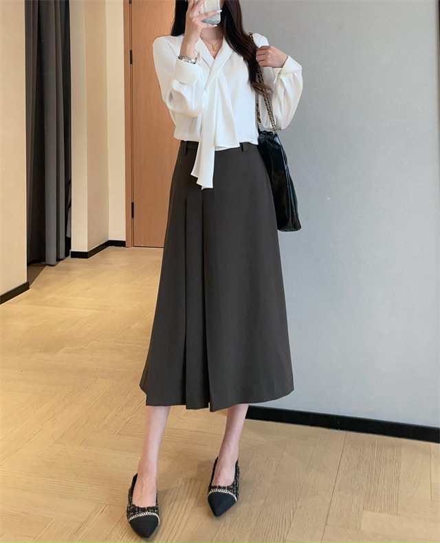 法式气质侧风琴压褶设计宽松显瘦中长款A字半身裙女2025秋G090807|undefined
