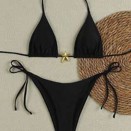 新款欧美比基尼泳衣女性感吊带三点式纯色金属装饰露背分体泳装
