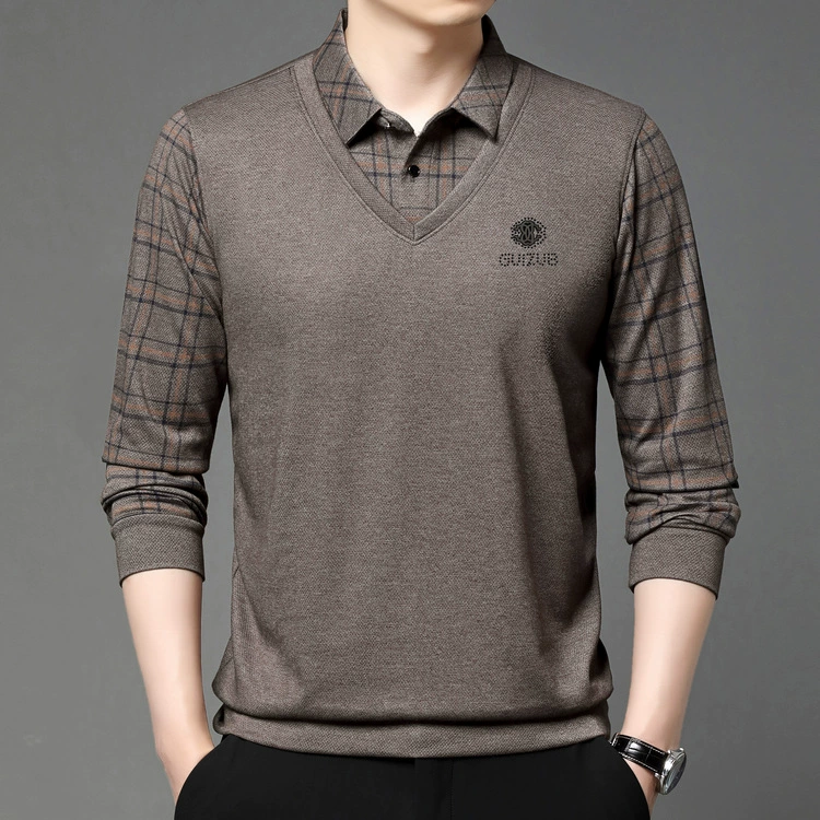 Осенние новые поддельные две футболки с длинными рукавами для мужчин бизнес-повседневный