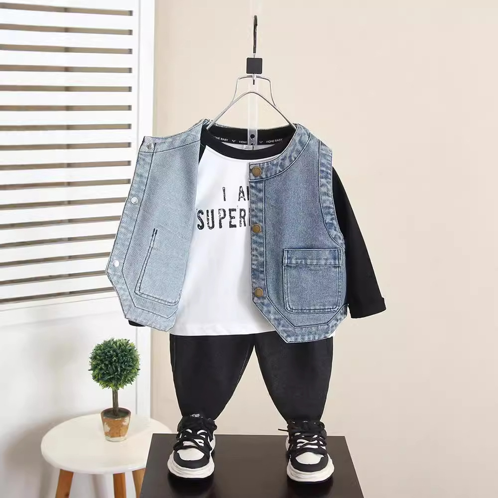 6260 chaleco de mezclilla para niños modelos de primavera y otoño 2024 nuevos niños de moda y guapo chaleco de ropa exterior top de otoño para bebés