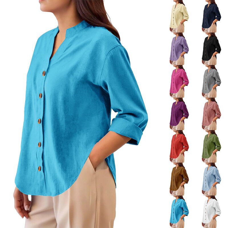 Cross-Border New Chinese-Style Stand Collar Henley Shirt for Women, Loose Cotton-Linen Cardigan, Long-Sleeve Versatile Casual Shirt for Commuting Cross-Border New Chinese-Style Stand Collar Henley Shirt for Women, Loose Cotton-Linen Cardigan, Long-Sleeve Versatile Casual Shirt for Commuting