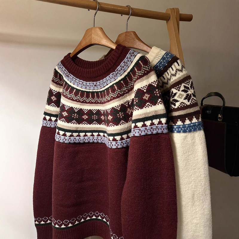 Christmas Sweater Fair Isle Sweater Men's Winter 2025 New Thickened Sweater Retro Jacquard Round Neck Sweater