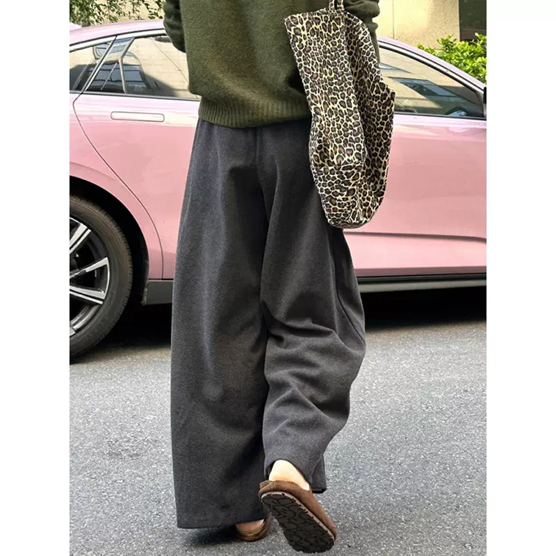 灰色毛呢阔腿裤女2025新款大码女秋冬休闲运动卫裤今年流行梧桐裤