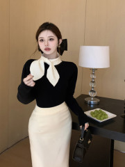 高级感穿搭秋季女装蝴蝶结领针织衫气质名媛风高领短款毛衣上衣