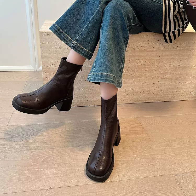6,5 cm супер тихий ~ Повседневная осень-зима новые кожаные короткие сапоги женские толстые каблуки тощие сапоги коричневые овчины сапоги бархат