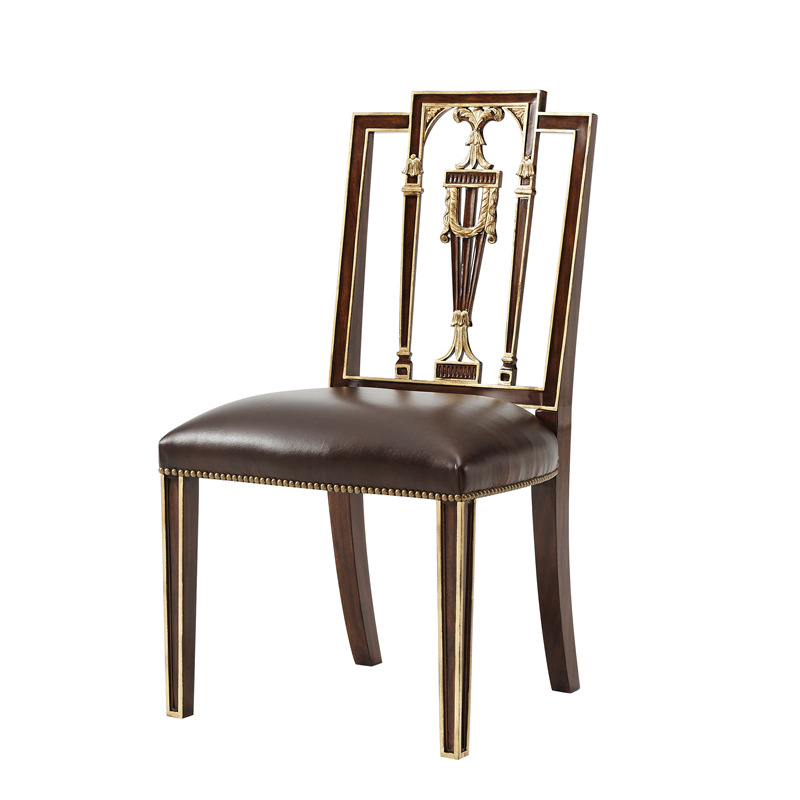 英式亞歷山大實木描金餐椅新古典桃花心木雕花書椅酒店樣板房椅子