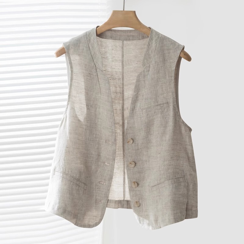 Official Image of Women's Linen Vest, Spring/Summer 2026 New Style, Casual Thin Sleeveless Vest Top, Cotton-Linen V-Neck Cardigan